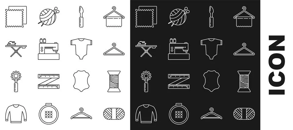 Set line Sewing thread on spool, Hanger wardrobe, Cutter tool, machine, Electric Stock Illustration