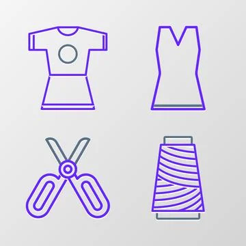 Set line Sewing thread on spool, Scissors, Woman dress and icon. Vector Stock Illustration