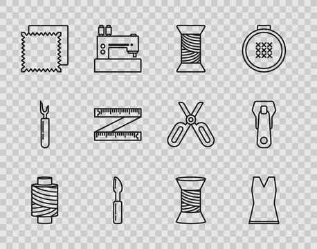 Set line Sewing thread on spool, Woman dress, Cutter tool, Textile fabric roll Stock Illustration