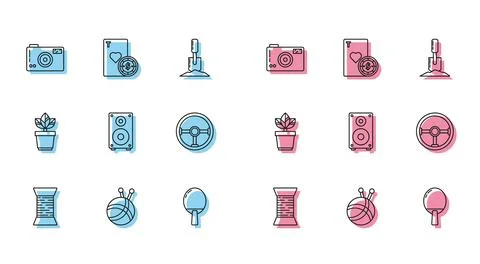 Set line Sewing thread on spool, Yarn ball with knitting needles, Photo camera Illustrazione stock