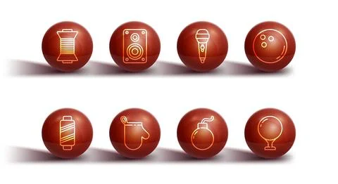 Set line Sewing thread on spool, Bowling ball, Bomb ready to explode, Oven gl Stock Illustration