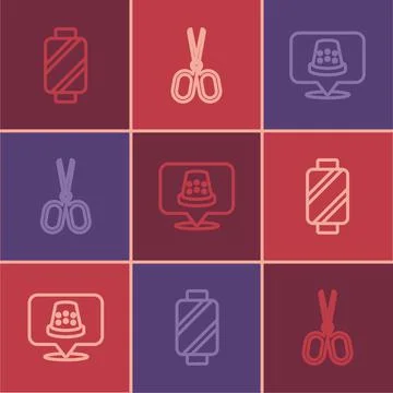 Set line Sewing thread on spool, Thimble for sewing and Scissors icon. Vector Illustrazione stock