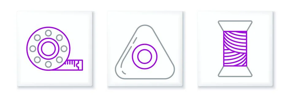Set line Sewing thread on spool, Tape measure and chalk icon. Vector Illustrazione stock