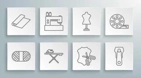 Set line Sewing thread on spool, machine, Electric iron and ironing board Illustrazione stock