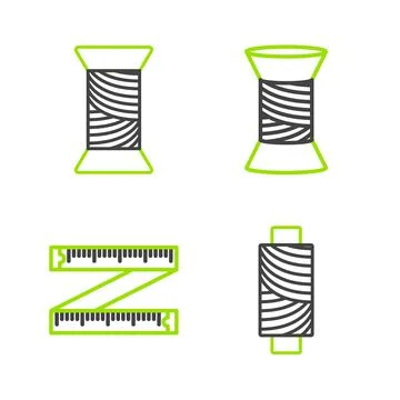 Set line Sewing thread on spool, Tape measure,  and  icon. Vector Illustrazione stock