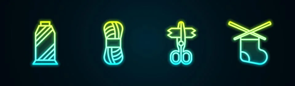 Set line Sewing thread on spool, Yarn, Scissors and Knitting needles. Glowing 스톡 일러스트