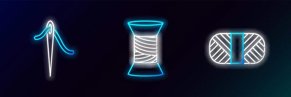 Set line Sewing thread on spool, Needle for sewing with and icon. Glowing neon Illustrazione stock