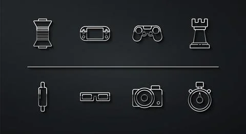 Set line Sewing thread on spool, Rolling pin, Business strategy, Photo camera Illustrazione stock