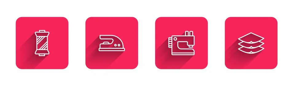 Set line Sewing thread on spool, Electric iron, machine and Layers clothing Illustrazione stock