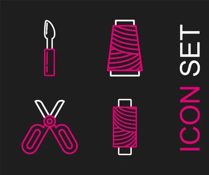 Set line Sewing thread on spool, Scissors, and Cutter tool icon. Vector 스톡 일러스트