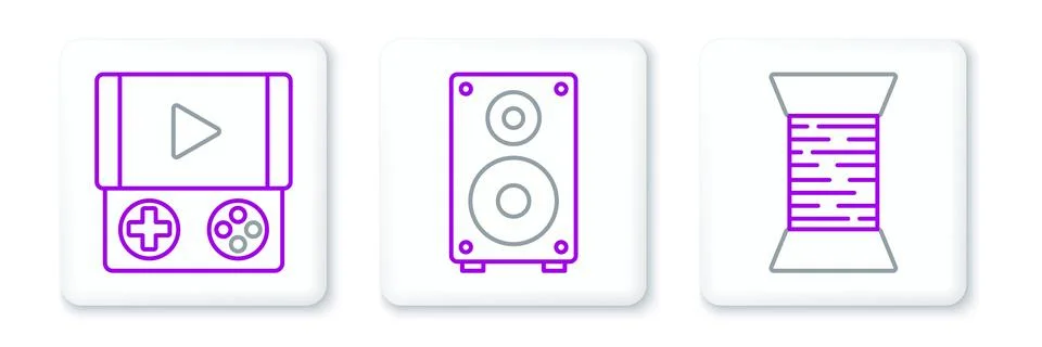 Set line Sewing thread on spool, Portable video game console and Stereo speaker Illustrazione stock