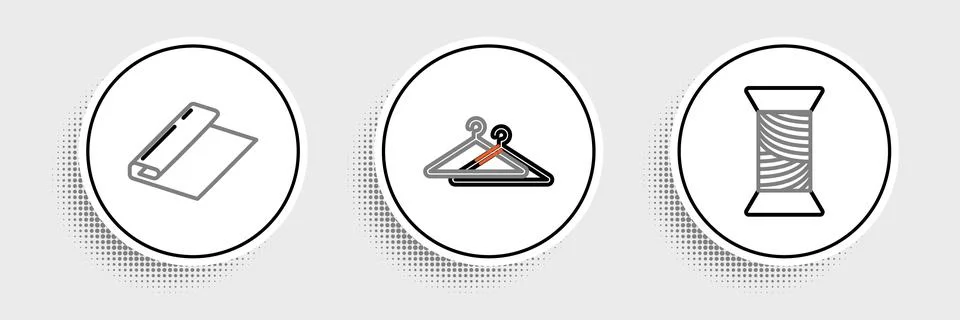 Set line Sewing thread on spool, Textile fabric roll and Hanger wardrobe icon Stock Illustration