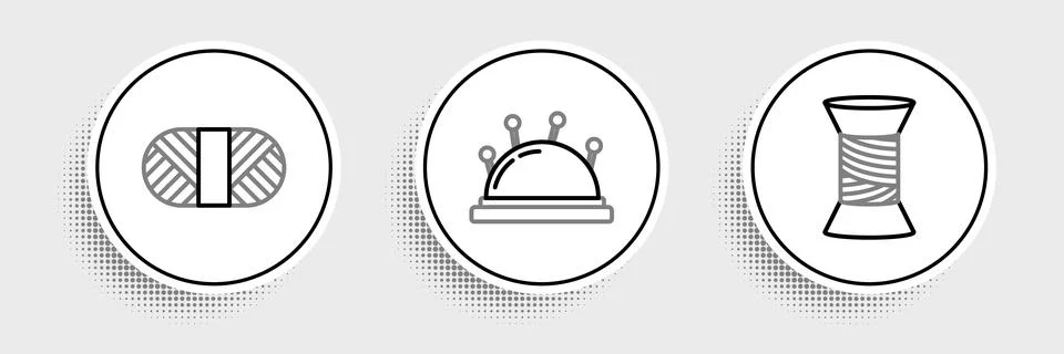 Set line Sewing thread on spool, and Needle bed and needles icon. Vector Illustrazione stock
