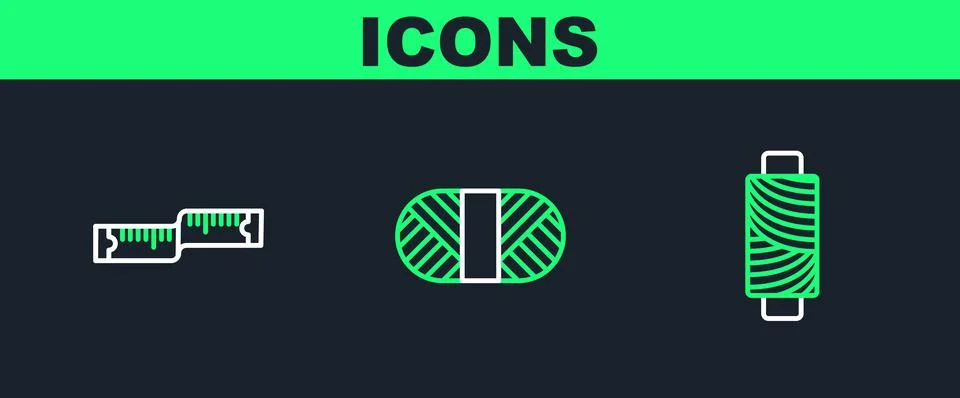 Set line Sewing thread on spool, Tape measure and icon. Vector Illustrazione stock