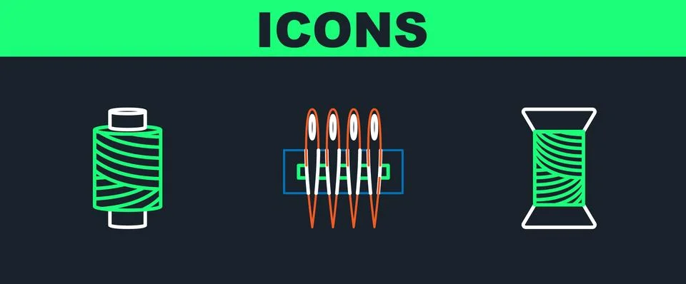 Set line Sewing thread on spool,  and Needle for sewing icon. Vector Illustrazione stock
