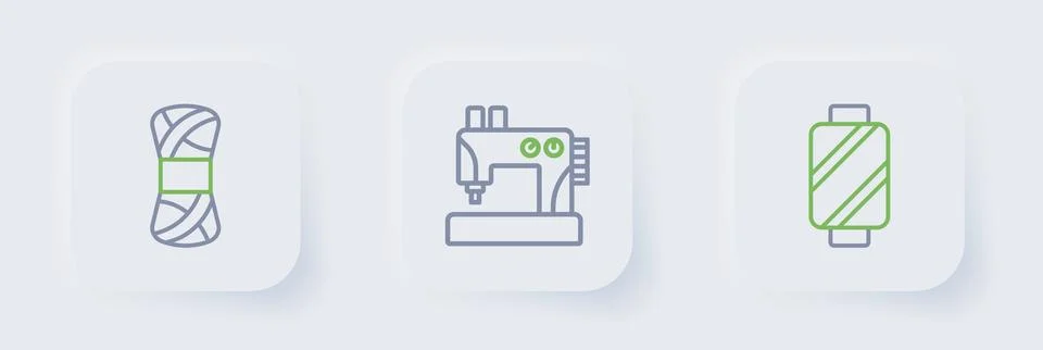 Set line Sewing thread on spool, machine and Yarn icon. Vector Illustrazione stock