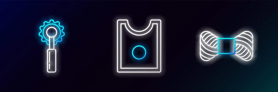 Set line Sewing thread on spool, Cutter tool and Pattern icon. Glowing neon.. Illustrazione stock