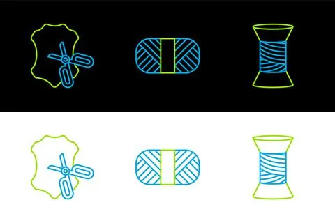 Set line Sewing thread on spool, Scissors and leather and  icon. Vector イラスト素材