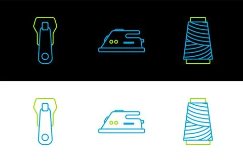 Set line Sewing thread on spool, Zipper and Electric iron icon. Vector Stock Illustration