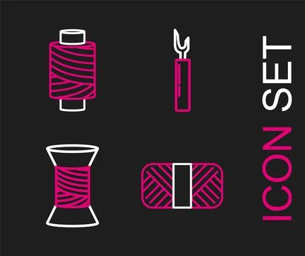 Set line Sewing thread on spool, Cutter tool and  icon. Vector Stock Illustration