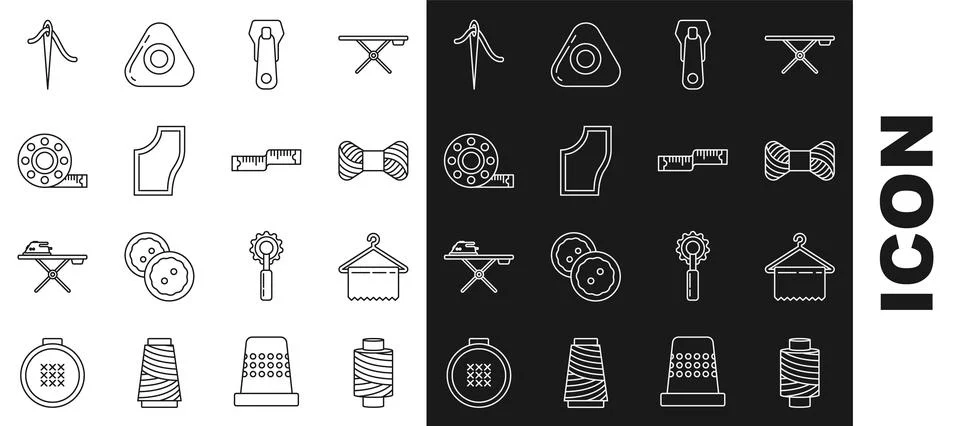 Set line Sewing thread on spool, Hanger wardrobe, Zipper, Pattern, Tape mea.. Stock Illustration