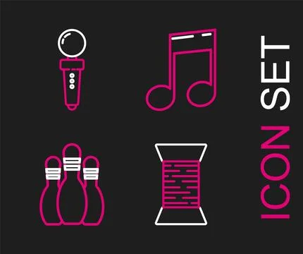 Set line Sewing thread on spool, Bowling pin, Music note, tone and Joystick.. Stock Illustration