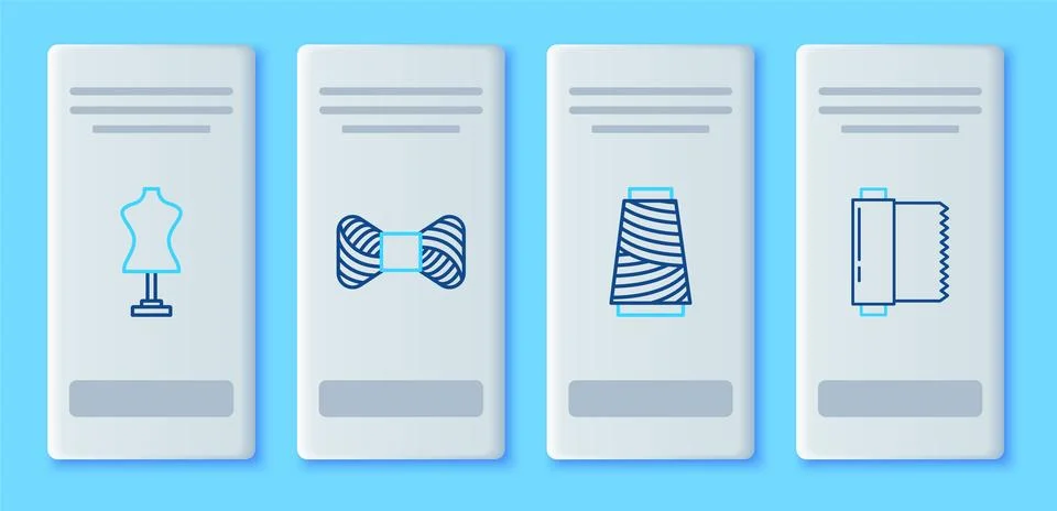 Set line Sewing thread on spool, Mannequin and Textile fabric roll icon. Vect Stock Illustration