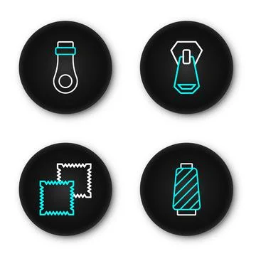 Set line Sewing thread on spool, Textile fabric roll, Zipper and  icon. Vecto Stock Illustration