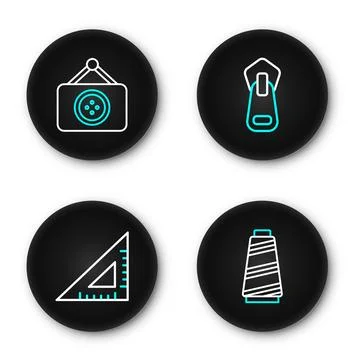 Set line Sewing thread, Triangular ruler, Zipper and Tailor shop icon. Vector Stock Illustration