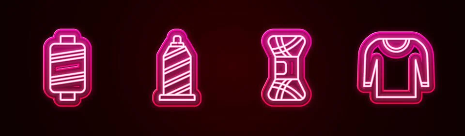 Set line Sewing thread, , Yarn and Sweater. Glowing neon icon. Vector Illustrazione stock