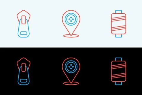 Set line Sewing thread, Zipper and Location tailor shop icon. Vector 스톡 일러스트