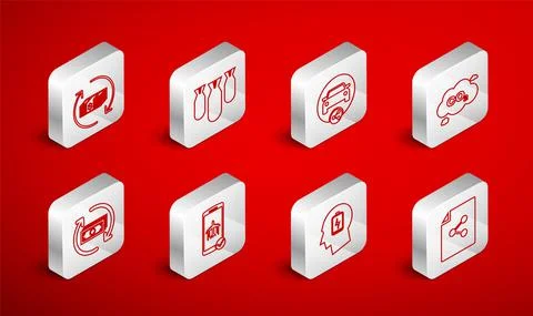 Set line Share file, Aviation bombs, Car sharing, CO2 emissions cloud, Head with Stock Illustration
