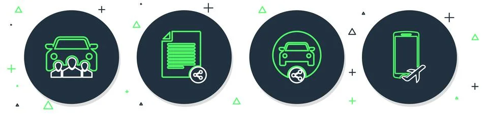 Set line Share file, Car sharing,  and Flight mode the mobile icon. Vector Stock Illustration