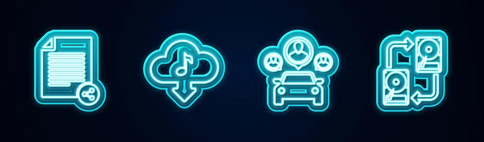 Set line Share file, Cloud download music, Car sharing and Data exchange with Ilustración de archivo