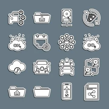 Set line Share file, Data exchange with hhd, CO2 emissions in cloud, Hard disk Ilustración de archivo
