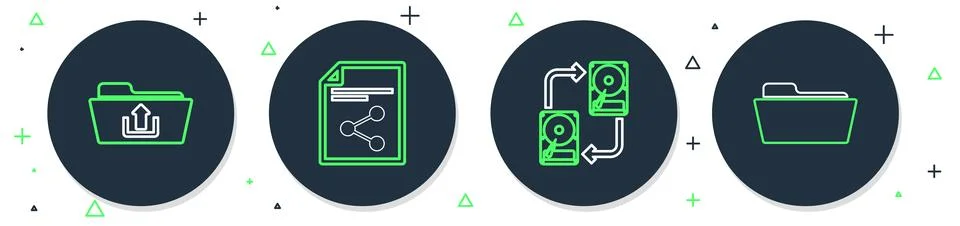 Set line Share file, Data exchange with hhd, Folder upload and icon. Vector Stock Illustration