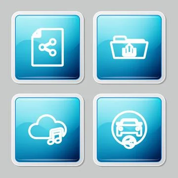 Set line Share file, Folder upload, Music streaming service and Car sharing icon Illustrazione stock