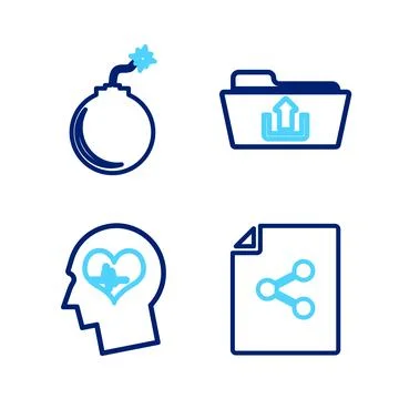 Set line Share file, Head with heartbeat, Folder upload and Bomb ready to e.. Stock Illustration