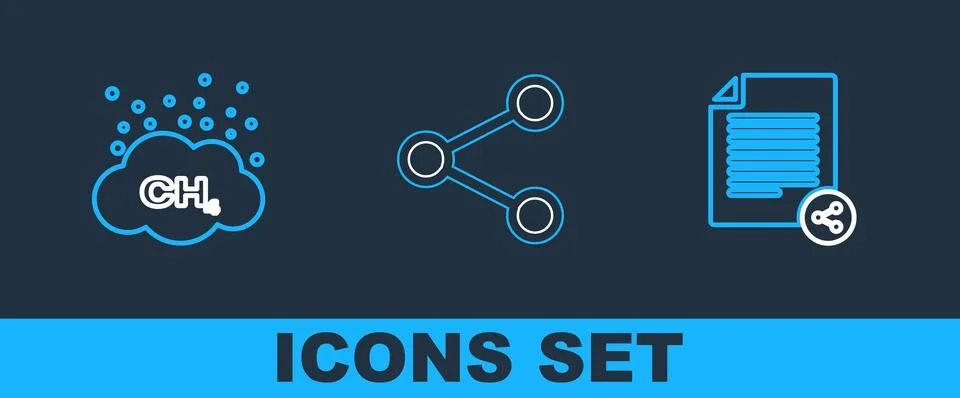 Set line Share file, Methane emissions reduction and  icon. Vector Stock Illustration