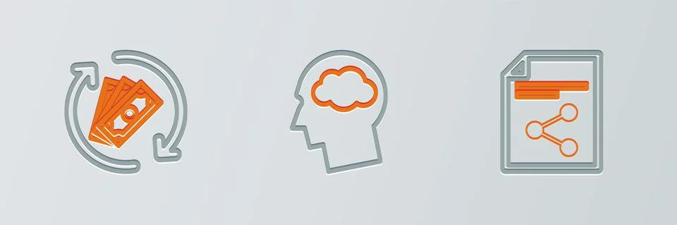 Set line Share file, Refund money and Head silhouette with cloud icon. Vector Illustrazione stock
