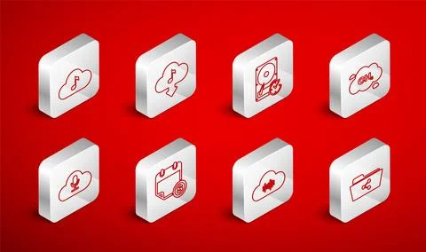 Set line Share folder, Cloud download music, Hard disk drive with clockwise Stock Illustration