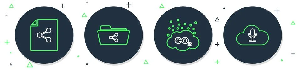 Set line Share folder, CO2 emissions in cloud, file and Music streaming ser.. Illustrazione stock