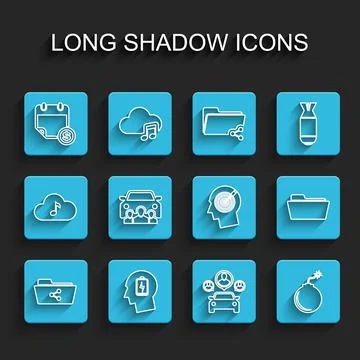 Set line Share folder, Head with low battery, Financial calendar, Car sharing Stock Illustration