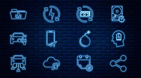 Set line Share, Head with low battery, Refund money, Flight mode in the mobile Illustrazione stock