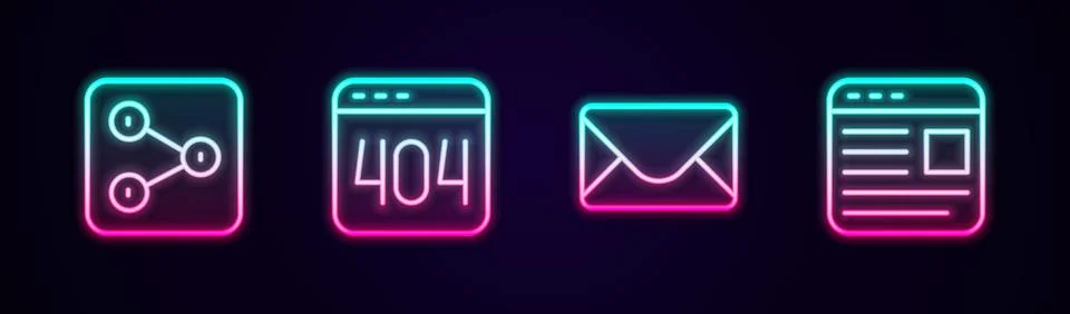 Set line Share, Page with 404 error, Mail and e-mail and Advertising. Glowing Stock Illustration