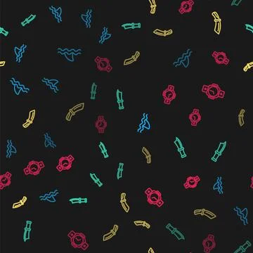 Set line Shark, Diving knife,  and watch on seamless pattern. Vector Stock Illustration