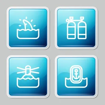 Set line Shark fin in ocean wave, Aqualung, Lighthouse and Location with an.. Stock Illustration