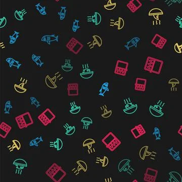 Set line Shark, Puffer fish soup, fin and Canned on seamless pattern. Vector 스톡 일러스트