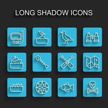 Set line Sharp stone reefs, Wind rose, Diving mask and snorkel, Fish, Skull Stock Illustration