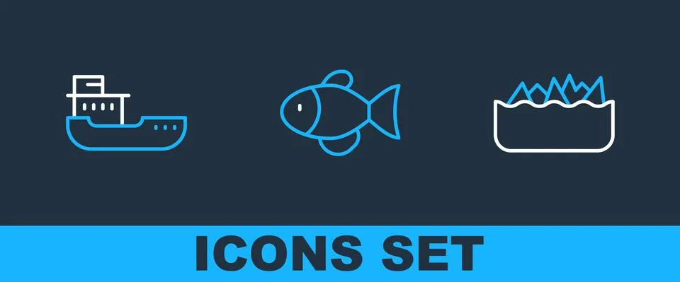 Set line Sharp stone reefs, Cargo ship and Fish icon. Vector Stock Illustration